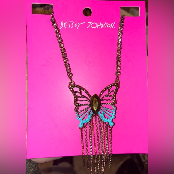 BETSEY JOHNSON Antiqued Gold & Turquoise Butterfly Crystal & Fringe Necklace NWT - Picture 1 of 6